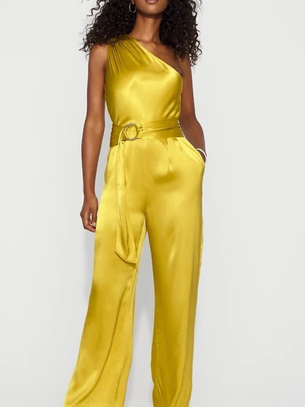 Worn once Whitehouse Black Market One-Shoulder Satin Jumpsuit in Yellow size 10